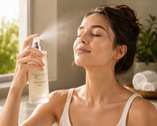 Woman misting skin with White Guava Tea Hydrating Mist in soft morning light.