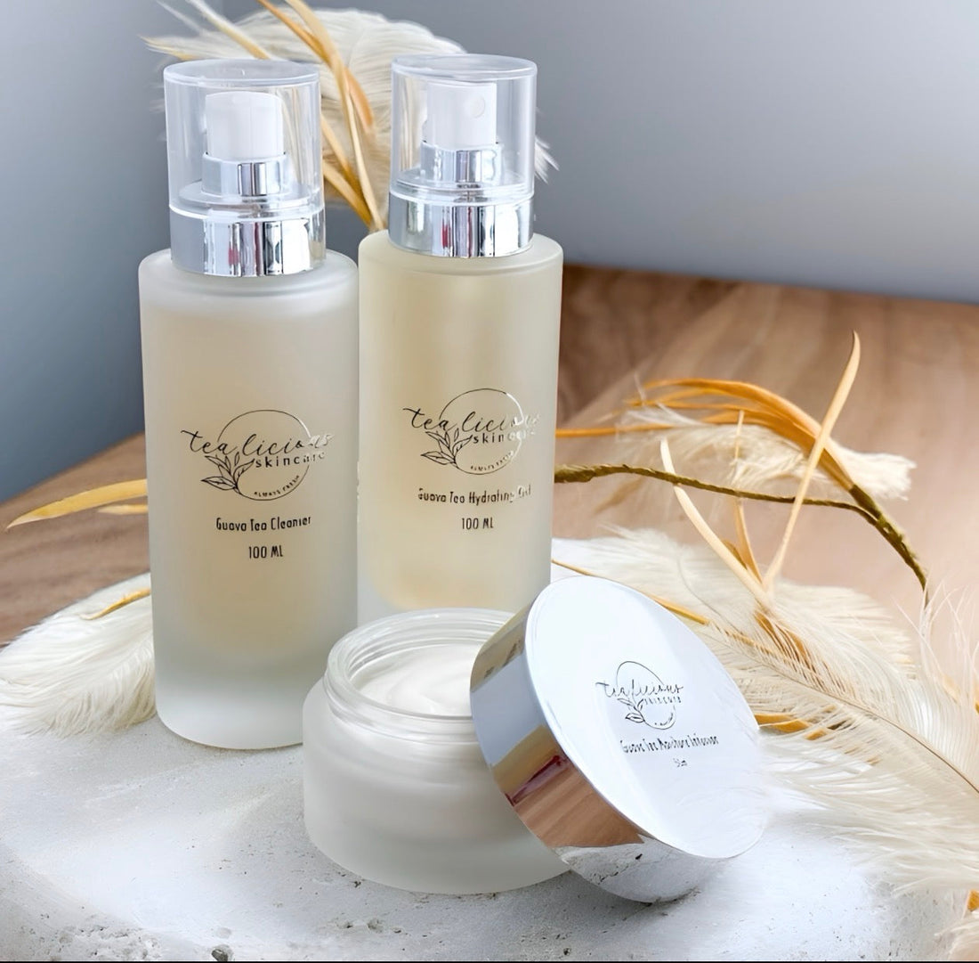 Tea-infused skincare routine with cleanser, hydrating mist, and botanical moisturizer.