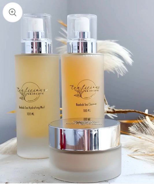 Tea-infused skincare mist, cleanser, and cream supporting hydration and skin barrier balance