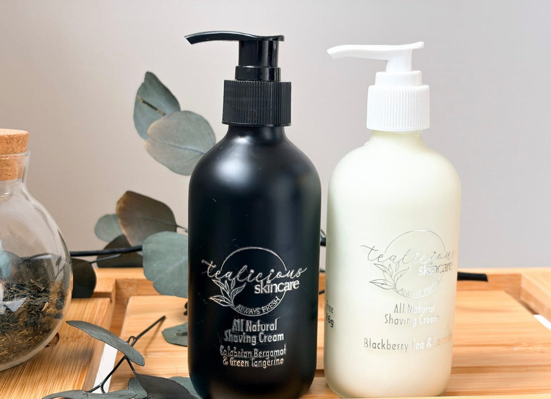 Tea infused shaving cream in pump bottles designed to reduce friction and support skin barrier health  Natural shaving cream with tea infusion shown for smooth shaving and reduced skin irritation daily