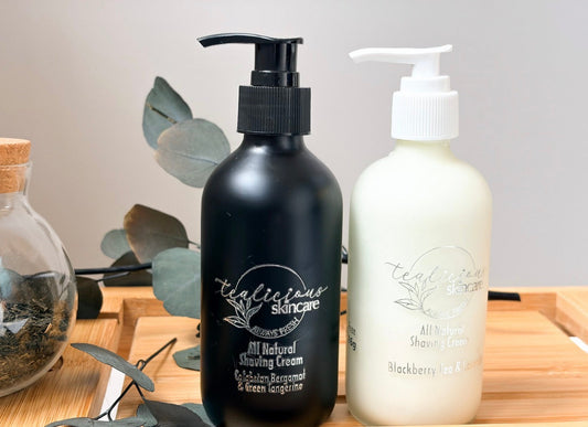 Tea infused shaving cream in pump bottles designed to reduce friction and support skin barrier health  Natural shaving cream with tea infusion shown for smooth shaving and reduced skin irritation daily