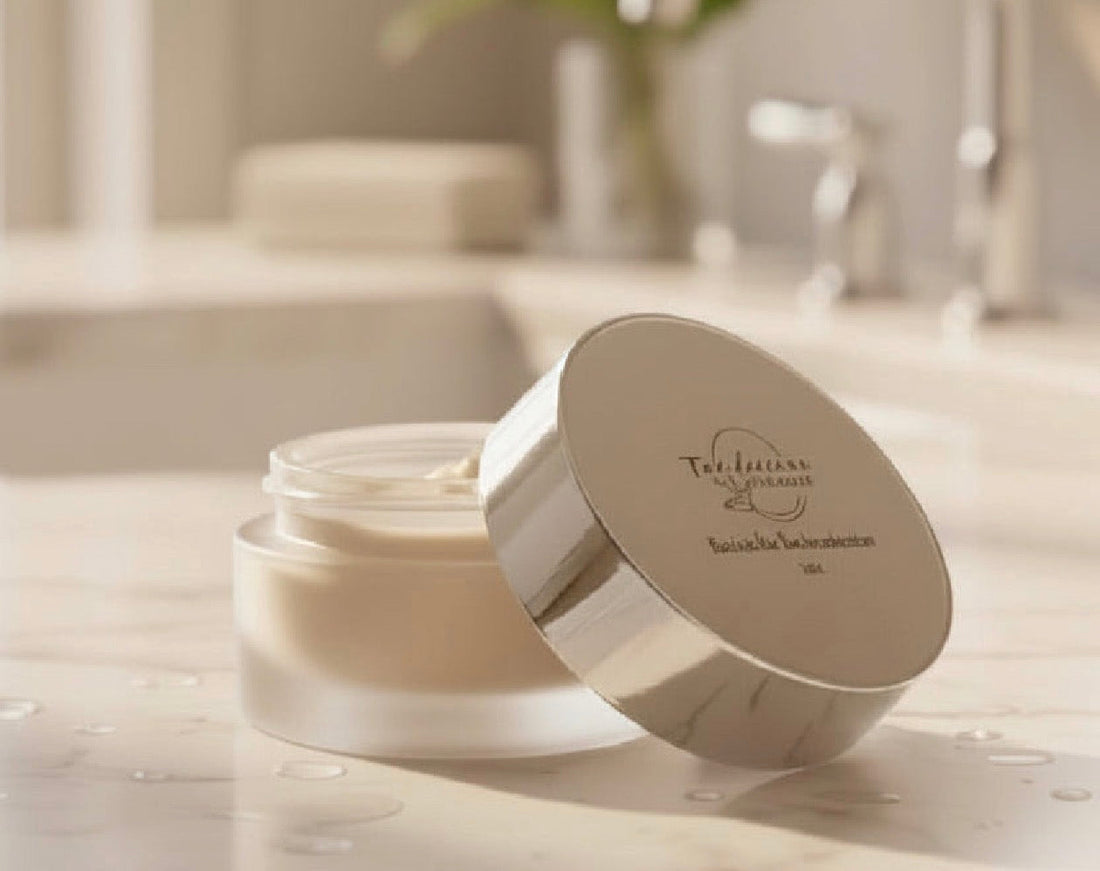 Tea-Licious Skincare African Kigelia Barrier Protection Crème in a sleek glass jar, photographed with soft morning sunlight