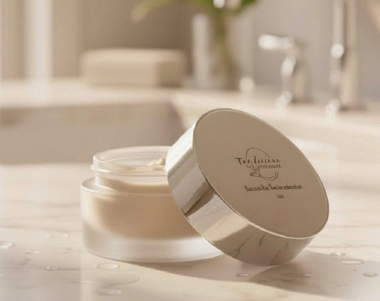 Tea-Licious Skincare African Kigelia Barrier Protection Crème in a sleek glass jar, photographed with soft morning sunlight