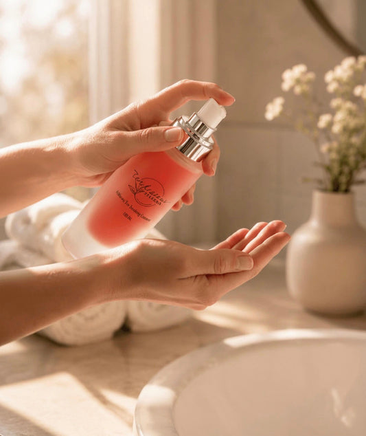 Woman dispensing Tea-licious Hibiscus Moisture Infusion cream onto hands in soft morning sunlight.