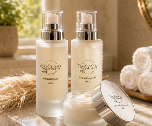 Tea-Licious skincare collection highlighting thoughtfully formulated products over lifestyle marketing.