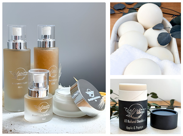 Close view of Tea-liciouskincare’s all-natural Apple & Papaya deodorant stick in elegant black packaging, cap off to reveal the smooth, creamy formula—symbolizing everyday absolution from aluminum and synthetic worries.