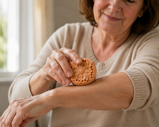 Woman applying a Tea-Licious solid lotion bar to her arm for concentrated waterless moisture and dry skin care