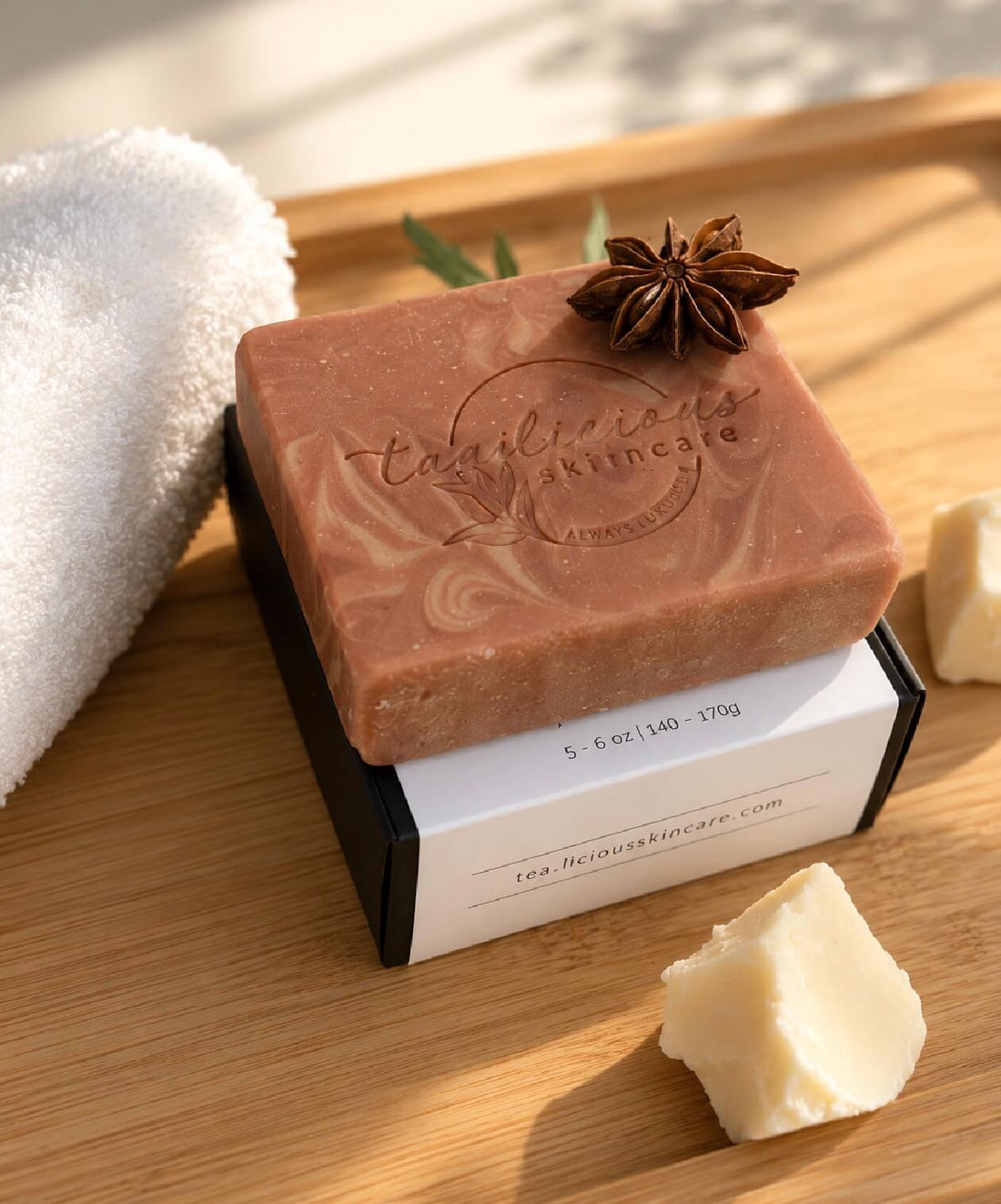 Cocoa Butter & Cashmere cold process soap bar by Tea-Licious Skincare on wooden surface with towel and cocoa butter pieces