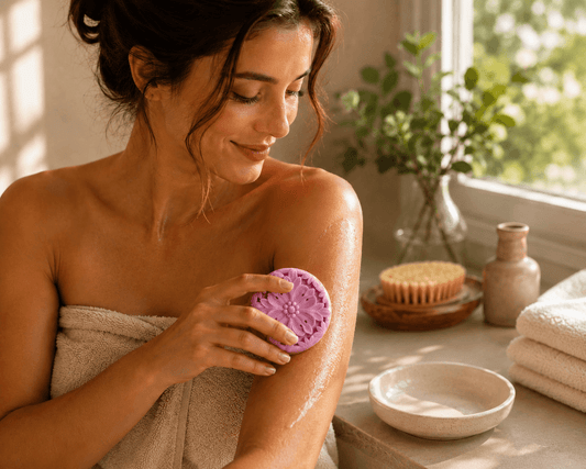 Tealicious Skincare lotion bar being used by a woman in a bathroom setting