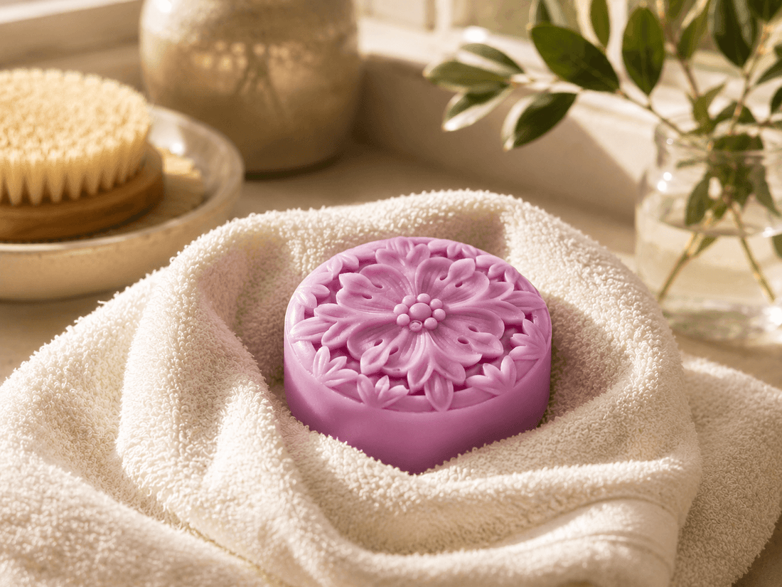 Handcrafted botanical soap made with real plant infusions, illustrating Tea-Licious Skincare’s whole-plant approach instead of powdered extracts.