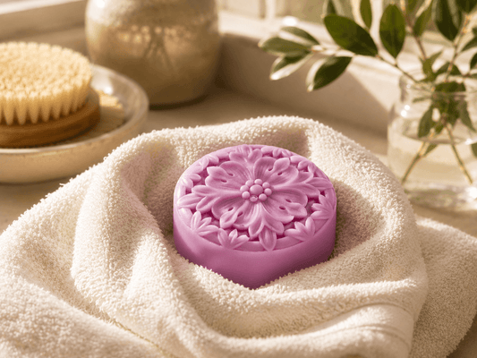 Handcrafted botanical soap made with real plant infusions, illustrating Tea-Licious Skincare’s whole-plant approach instead of powdered extracts.