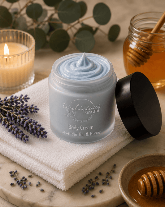 Premium Tea-Licious body cream made with thoughtfully sourced botanicals and raw butters instead of mass-produced ingredients.