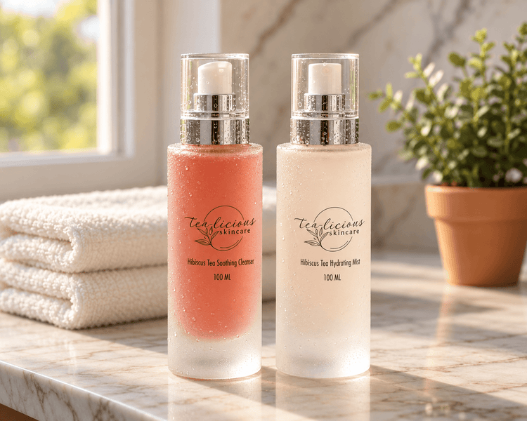 Tea-licious Hibiscus Tea Soothing Cleanser and Hydrating Mist in frosted 100 ml bottles beside folded towels on a warmly lit marble vanity.