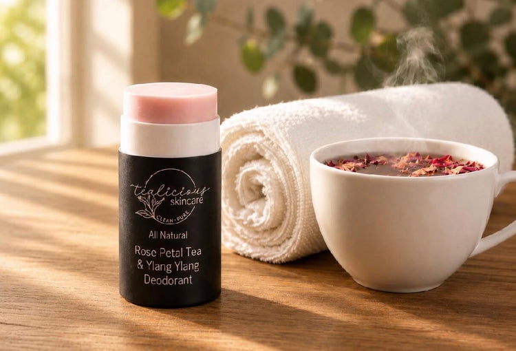 Tea-licious rose petal tea and yang ylang deodorant beside steaming tea cup in soft morning light on wooden surface.