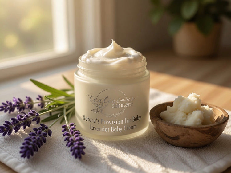 Tea-licious baby body cream with lavender and shea butter in warm natural light on elegant surface.