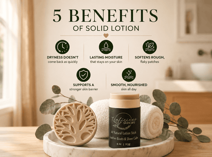 Infographic highlighting five benefits of Tea-Licious Skincare solid lotion sticks, featuring a Leather Boots & Sheer Calm lotion stick and handcrafted tree soap on a marble tray in a warm, spa-inspired bathroom setting.