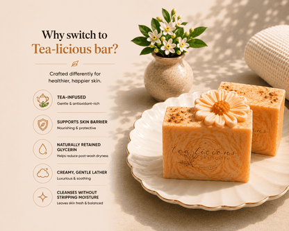 Tea-infused Orange Blossom soap showing barrier-support benefits in warm spa-style setting.