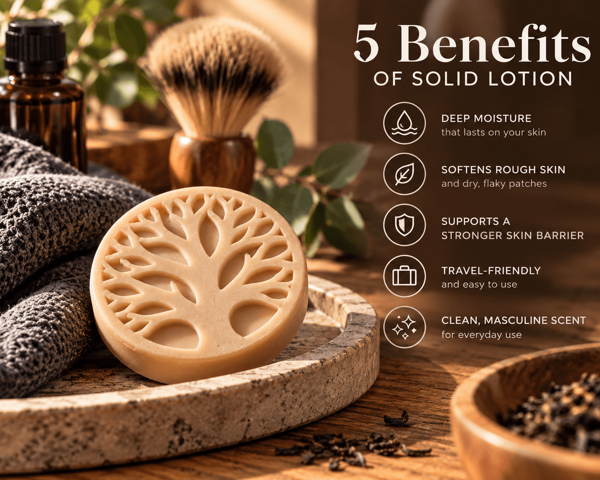     Tree of Life men’s solid lotion bar with five moisturizing benefits in a warm masculine grooming setting.