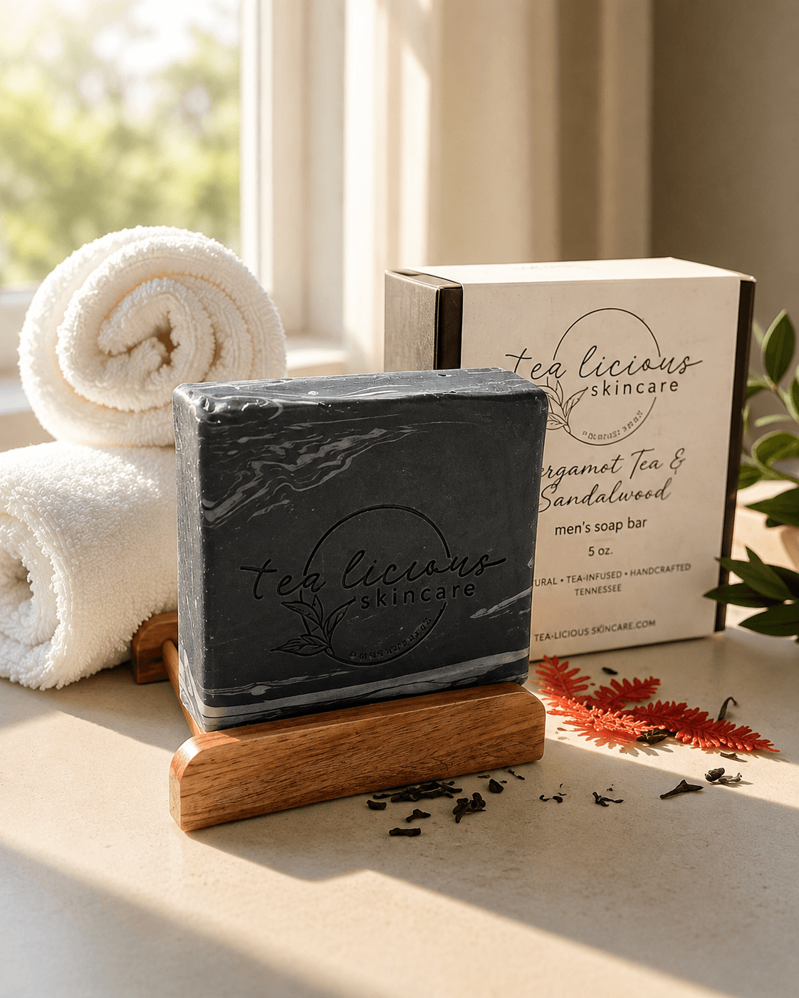 Tea-licious Black Tea & Sandalwood tea-infused men’s soap with a black marbled design displayed on a wooden soap dish beside its product box in warm natural light.