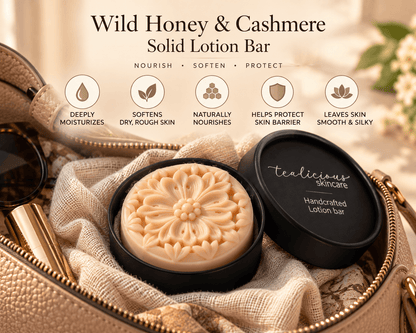 Black Tea Wild Honey & Cashmere Solid Lotion Bar in black Tea-Licious Skincare packaging with five benefits: deep moisture, softer dry skin, natural nourishment, skin barrier support, and a smooth silky finish.