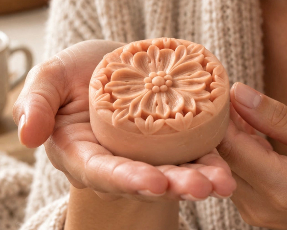 A woman in a beige knit sweater holds a round peach-colored lotion bar with an embossed floral pattern in her hands.