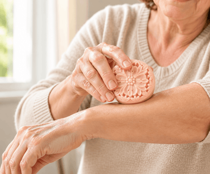 Mature woman applying a floral solid lotion bar directly to her forearm in soft natural window light.