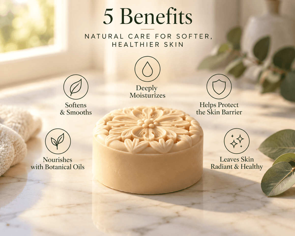 Tea-Licious Fig & Black Tea Lotion Bar on a sunlit marble counter with five benefits: deeply moisturizes, softens and smooths, supports the skin barrier, nourishes with botanical oils, and leaves skin radiant.
