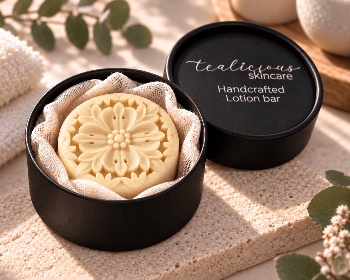 Tea-Licious Fig & Black Tea solid Lotion Bar with floral detail displayed in an open black container with branded lid, styled in warm natural window light.