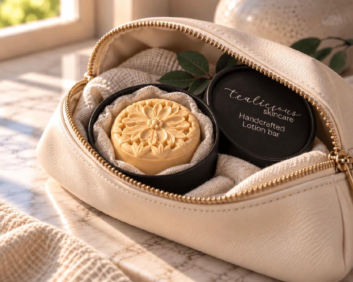 Fig & Black Tea solid lotion bar in its black Tea-Licious container, tucked inside an open cream leather travel bag in warm natural light.