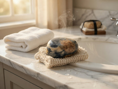 Steaming hot stone on a woven soap dish with a towel and soap bar in the background.