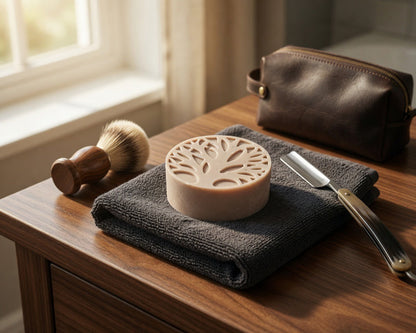 Shaving accessories including a lotion bar, shaving brush, soap, towel, and razor on a wooden surface with a window in the background.