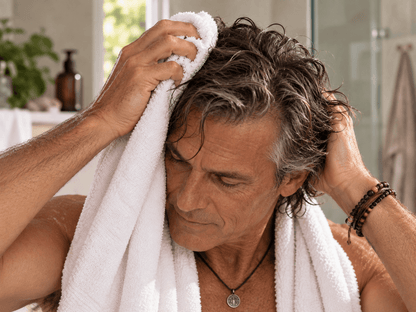 Older man with soft, shiny salt-and-pepper hair towel-drying his hair after washing.