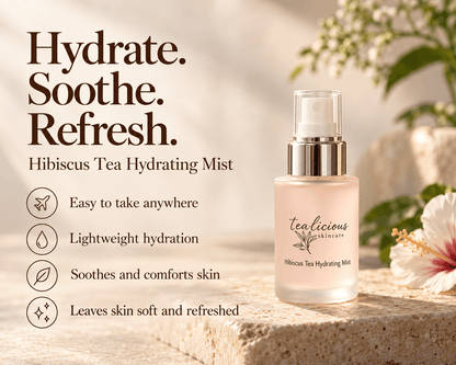 Hibiscus Tea Hydrating Mist with four benefits: easy to take anywhere, lightweight hydration, helps soothe skin, and leaves skin soft and refreshed.