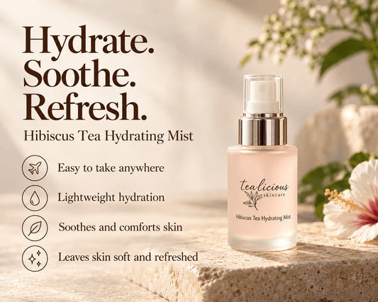 Hibiscus Tea Hydrating Mist with four benefits: easy to take anywhere, lightweight hydration, helps soothe skin, and leaves skin soft and refreshed.