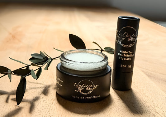 NEW! White Tea and White Bellini All Natural Lip Balm + Lip Scrub Treatment