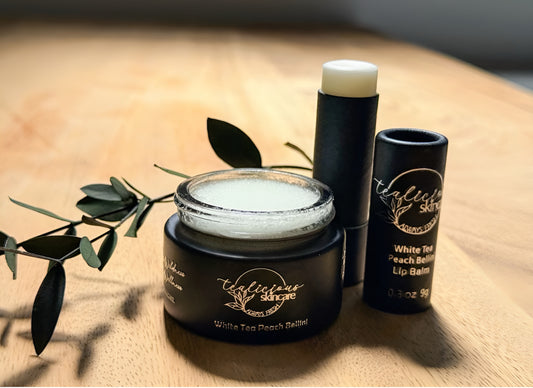 NEW! White Tea and White Bellini All Natural Lip Balm + Lip Scrub Treatment