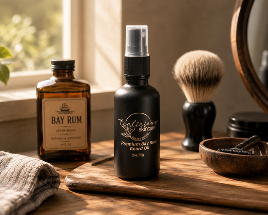 tea-licious-skincare-bay-rum-beard-oil-wooden-surface-grooming-kit