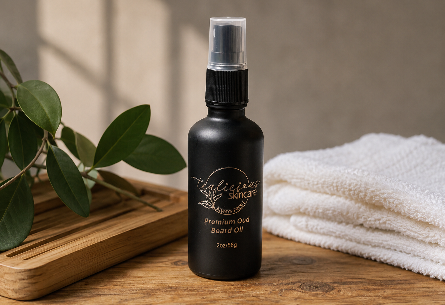 tea-licious-skincare-premium-oud-beard-oil-wooden-surface-white-towels
