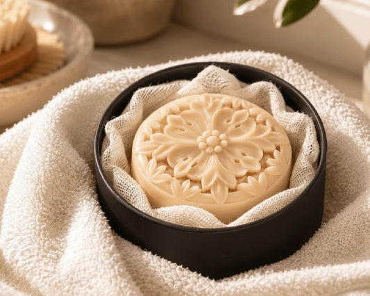 Moroccan Cashmere Solid Lotion Bar nestled in soft gauze inside a black Tea-Licious Skincare container, styled on a cream towel in warm natural light.