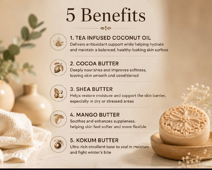 Moraccan cashmere Tea-Licious solid lotion bar graphic showing five benefits of tea-infused coconut oil, cocoa butter, shea butter, mango butter, and kokum butter for moisturizing and conditioning dry skin.