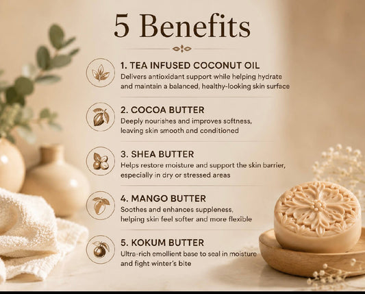 Moraccan cashmere Tea-Licious solid lotion bar graphic showing five benefits of tea-infused coconut oil, cocoa butter, shea butter, mango butter, and kokum butter for moisturizing and conditioning dry skin.