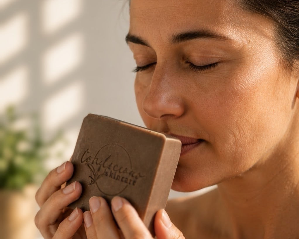 Woman enjoying the warm scent of a Tea-licious Morning brewed coffee handcrafted soap bar.