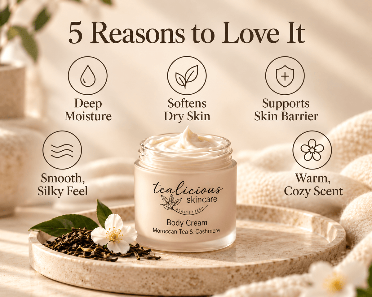 A jar of tealicious skincare body cream sits on a stone tray with tea leaves and a white flower, surrounded by soft fabric. Text above reads '5 Reasons to Love It' with icons and benefits for deep moisture, softened dry skin, skin barrier support, smooth silky feel, and warm cozy scent.