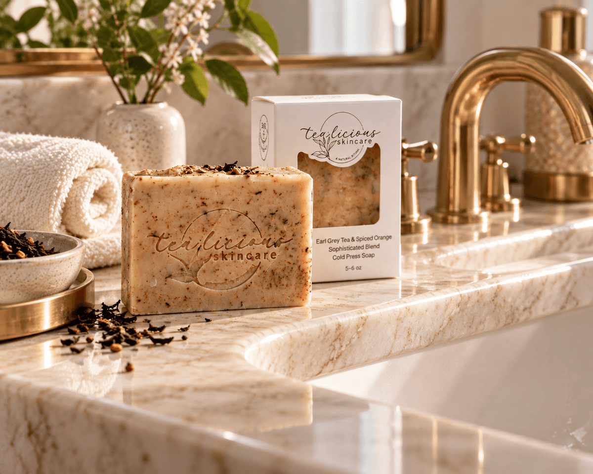  Mulled Orange Cider Tea Soap Bar Soap displayed beside its box on a luxury marble bathroom sink.