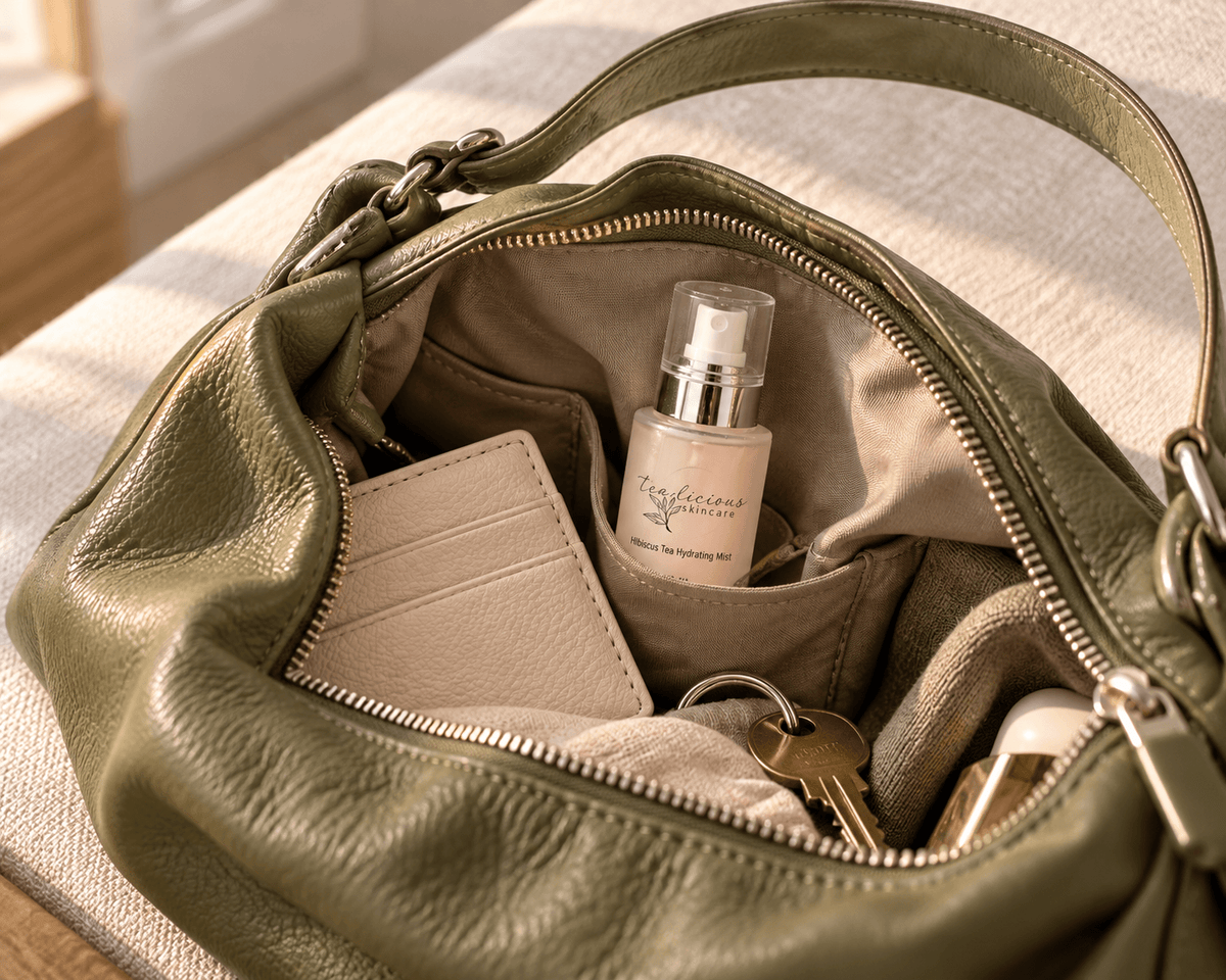 Tea-licious Hibiscus Tea Hydrating Mist travel bottle tucked inside an olive-green handbag beside a cream cardholder and keys.