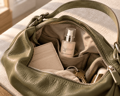 Tea-licious Hibiscus Tea Hydrating Mist travel bottle tucked inside an olive-green handbag beside a cream cardholder and keys.