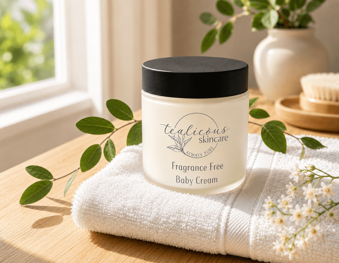 Tealicious Skincare Fragrance Free Baby Cream jar on a towel with greenery in the background