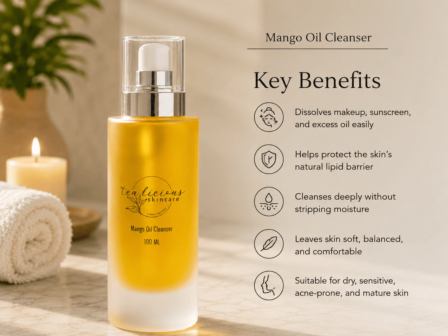 Tea-licious Mango Oil Cleanser clinical skincare infographic explaining oil cleansing and skin 