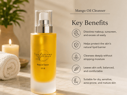 Tea-licious Mango Oil Cleanser clinical skincare infographic explaining oil cleansing and skin 