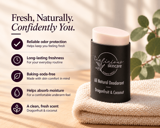Tea-licious Dragonfruit & Coconut deodorant with five benefits: odor protection, lasting freshness, baking-soda-free care, moisture absorption and a fresh scent.